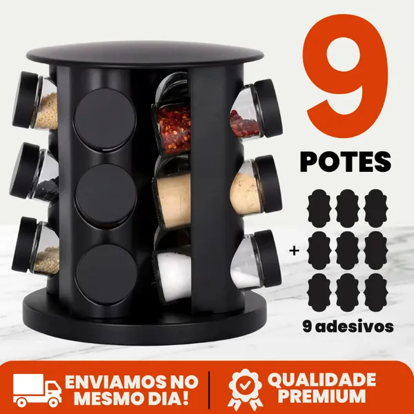 Porta Tempero Condimento Girátorio 9 Potes Cozinha Preto 360 Graus Organizador Dosador Profissional