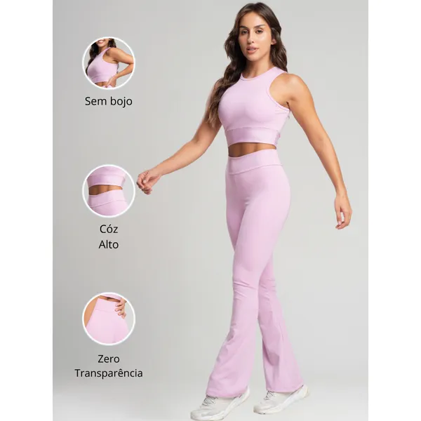 Conjunto Fitness Bailarina Academia Top Regata Legging Flare Suplex Zero Transparência Feminina