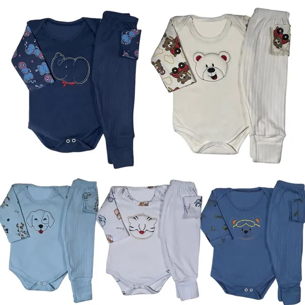Kit 8 Peças Body Bebe Bordado E Mijão Canelado Vira Pé Menino  100% ALG
