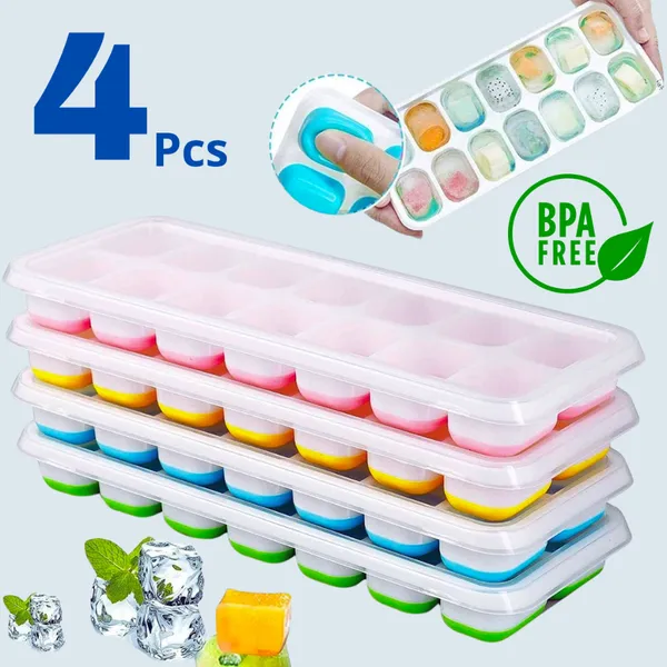 Kit 4/2 Formas de Gelo Silicone Com Tampa Rígida Flexível Fundo Retangular Multiuso Lavável