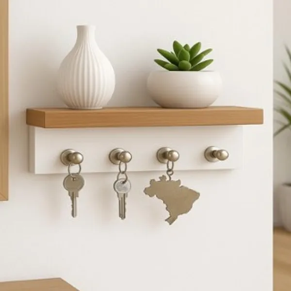 Porta Chaves Minimalista para 4 Chaveiros MDF Branco e Freijó