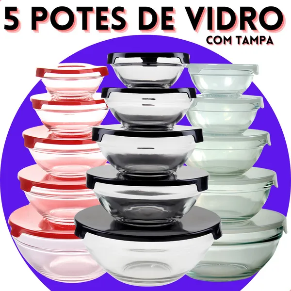 Conjunto Tigela ​Vidro Bowl Marmita Tampa 5 Peças Herméticos