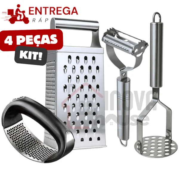 Kit 4 Utensílios  para Cozinha Inox Triturador de Alho Descascador ​Legumes Amassador Batata Ralador