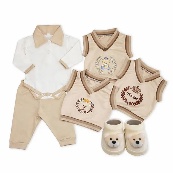 Kit Maternidade 4 Peças Pagão com Sapatinho e Body Gola Polo Calça e Colete Bordado