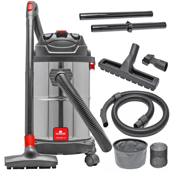 ASPIRADOR VEICULAR PROFISSIONAL INOX DE Pó E ÁGUA PORTÁTIL 15L 1400W WORKER