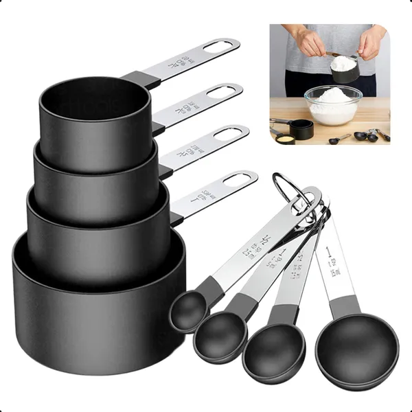 CONJUNTO COLHER XICARAS MEDIDORAS COM 8 PEÇAS INOX PRÁTICO COLHER MEDIDORA COZINHA ALIMENTOS