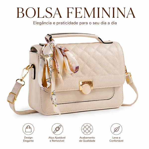Bolsa Feminina Baú Transversal Média com Lenço Alça Tiracolo