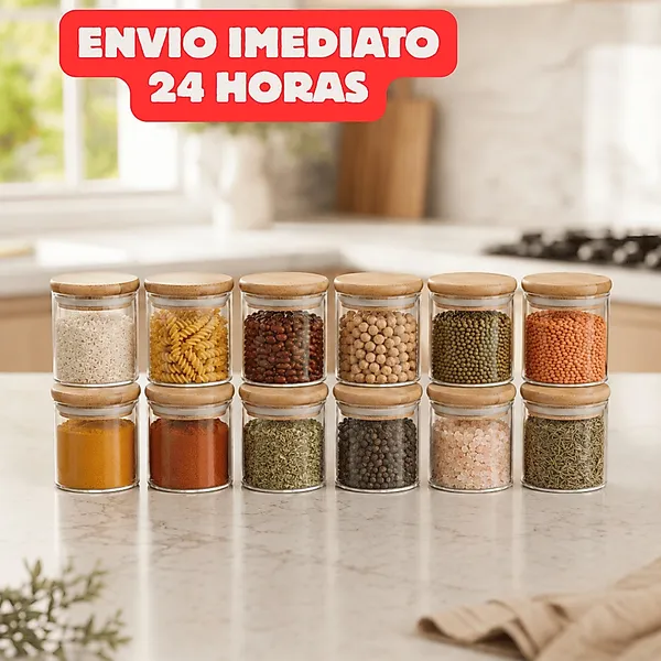 Kit 12 Potes de Vidro 200ml com Tampa de Bambu Hermético Mantimentos Condimentos Empilhaveis