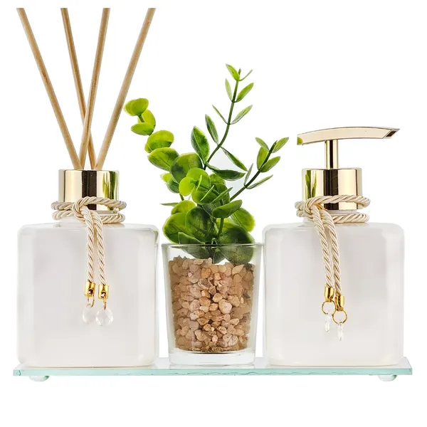 Kit Aromatizador para Banheiro Dourado 250ml com Bandeja e Vaso Decorativo