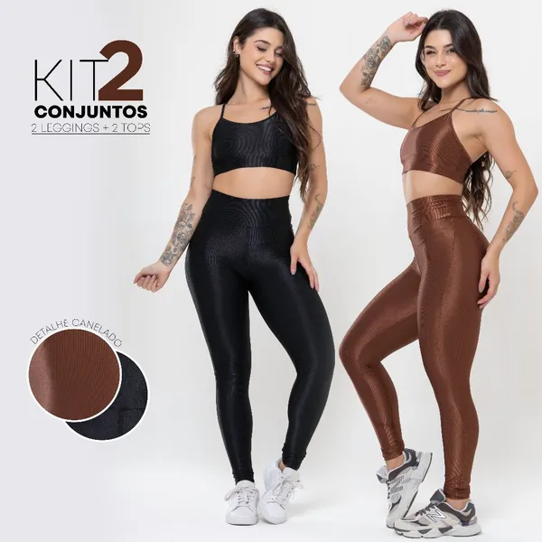 KIT 2 CONJUNTOS FITNESS FEMININO -TOPS+LEGGINGS BRILHOSAS CANELADAS COM CÓS ALTO, FITNESS E CONFORTO