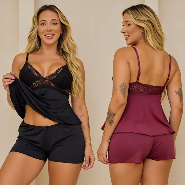 KIT 2 BABYDOLL FEMININO COM DETALHES EM RENDA ROUPA DE DORMIR SHORT DOLL CONFORTO PIJAMA ADULTO