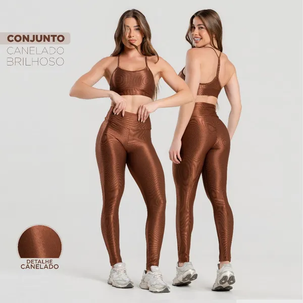 Conjunto Fitness Feminino Trilobal Canelado – Top Alcinha + Legging Cós Alto Modelador Brilhoso Academia