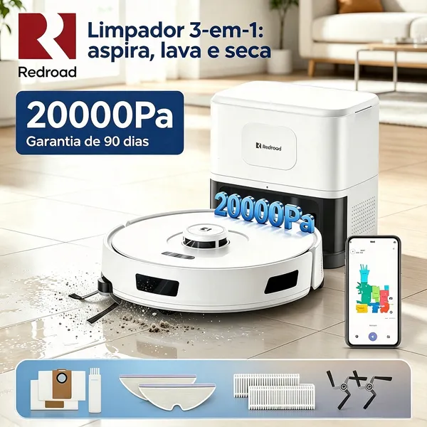 Robô Limpador 3 em 1 com LiDAR, Estação Autolimpante, Sucção 20.000Pa, APP e Saco de Pó de 4 Litros Redroad R11