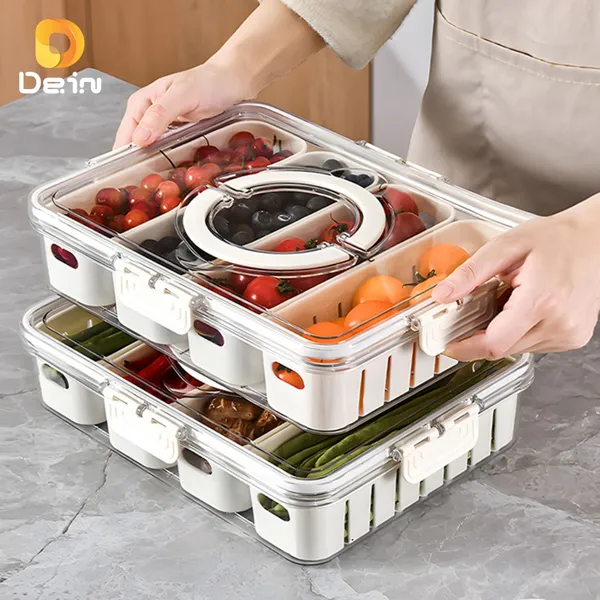 Caixa Organizadora ​de Alimentos Transparente Geladeira Empilhável Multiuso com Divisórias
