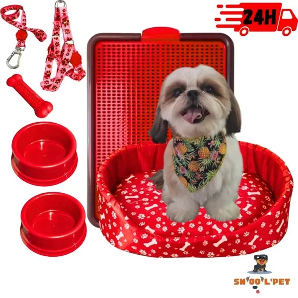 Kit Pet com Cama, Sanitário Canino e Comedouro para Cachorro Pequeno