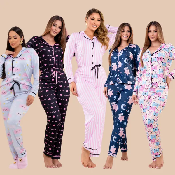 PIJAMA FEMININO AMERICANO  LONGO PóS CIRúRGICO AMAMENTAçãO INVERNO STITCH ESTAPAS LISTRA ROSA