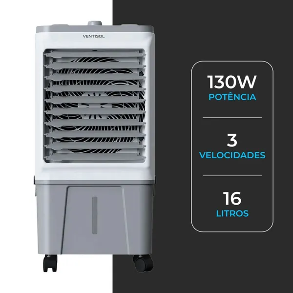 Climatizador de Ar Frio Portátil Ventisol 16L 130W Ventila Umidifica Filtra Climatiza Silencioso Econômico