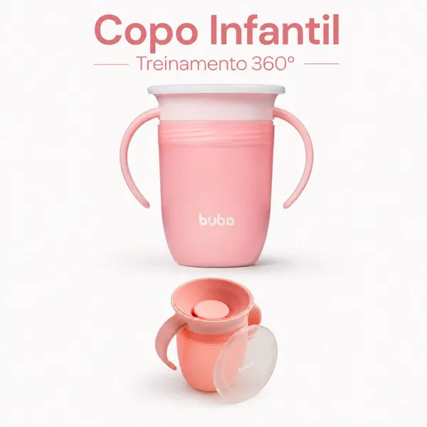 Copo Infantil Treinamento 360º Válvula Antivazamento Com Alça Buba 210ml Rosa