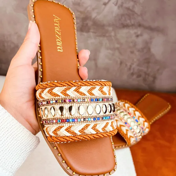 Rasteirinha Estilo Boho Chic Exclusiva Tecido Artesanal Sandália Marrocos