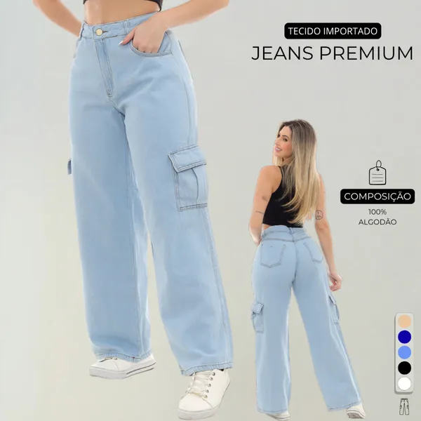 Calça Cargo Jeans Premium Feminino Com Bolsos Laterais Perna Larga