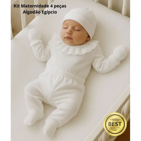 Body RN com Renda Algodão Egípcio – Kit Saída Maternidade Branco 04 peças Menina Mijão, Touca e Luvas elegância conforto