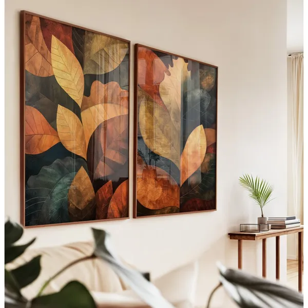 Quadro Folhagem Com Moldura E Vidro Kit 2 Quadros Decorativos Para Sala Quadro Natureza No Outono