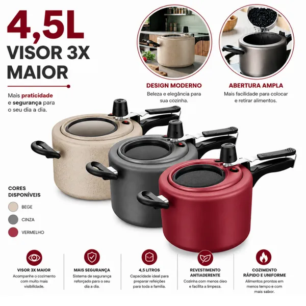 Panela de Pressão 4,5L Antiaderente com Visor de Vidro na Tampa Superior Grande Grafite / Cereja MTA