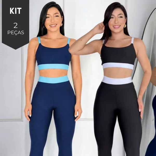 Kit 2 Conjunto Academia Feminino Fitness Bicolor Suplex Cintura Alta Top Cropped Alcinha