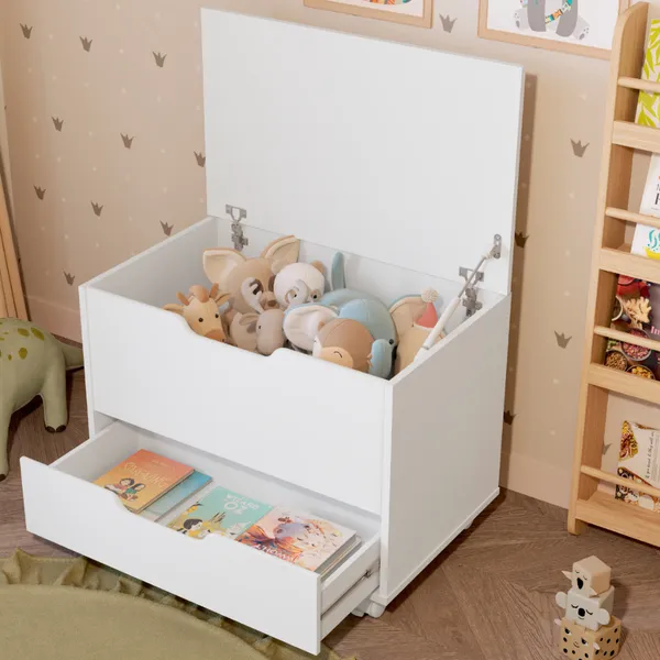 Baú Organizador de Brinquedos Infantil e Multiuso com Gaveta para Quarto Criança Seguro Moderno Decorativo Rodízios