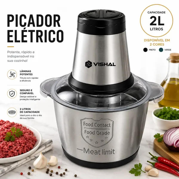 2 Litro Triturador De Alimentos Carne e Legumes Elétrico Multiprocessador 2 Modos Bivolt Inox Fácil De Limpar