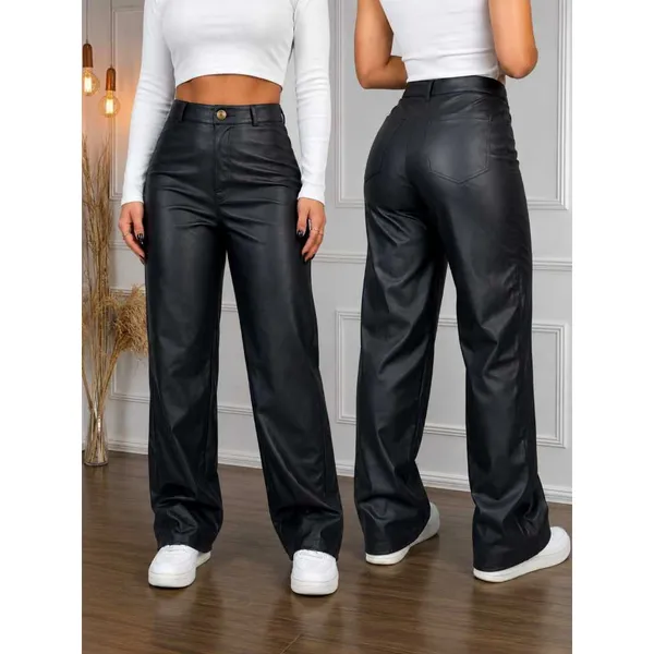 Calça Feminina Wide Leg Cintura Alta Pantalona em Couro Premium Preta