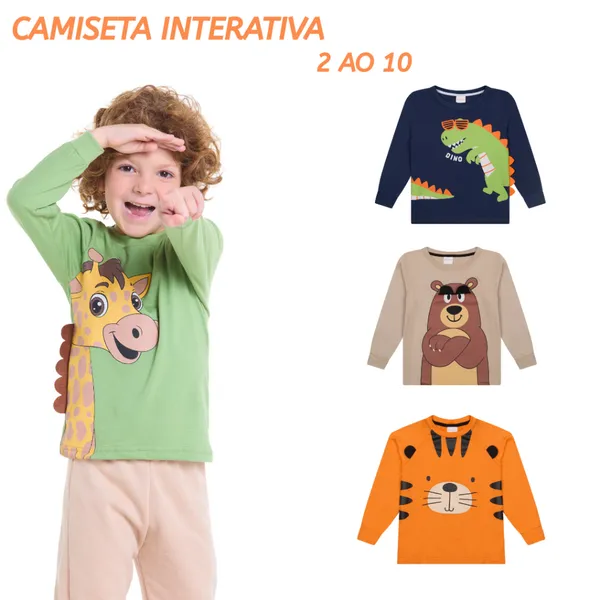 Kit 2 Camisetas em Meia Malha Premium Manga Longa Estampada com Interativo 2 ao 10- 100% Algodão