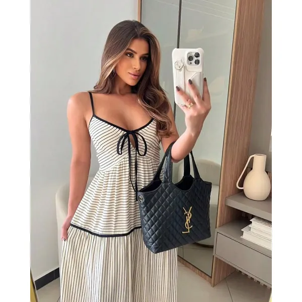 Vestido Longo com Alças, Amarração e Recortes Contrastantes – Tecido Leve, Tamanho Único