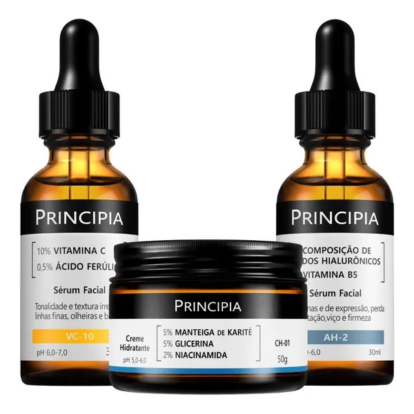Principia Kit Pele Hidratada e Luminosa c/ Vitamina VC-10 + Creme Hidratante CH-01 + Sérum Hialurônicos AH-2 30ML