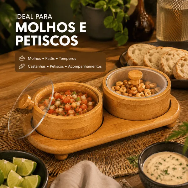 Kit Potes de Bambu Livon com Tampa Acrílica para Molhos, Petiscos e Condimentos