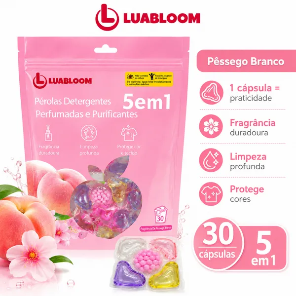LUABLOOM Sabão Cápsula Lava Roupas 30un 5 em 1 Pêssego Branco Aroma Suave e Fresco