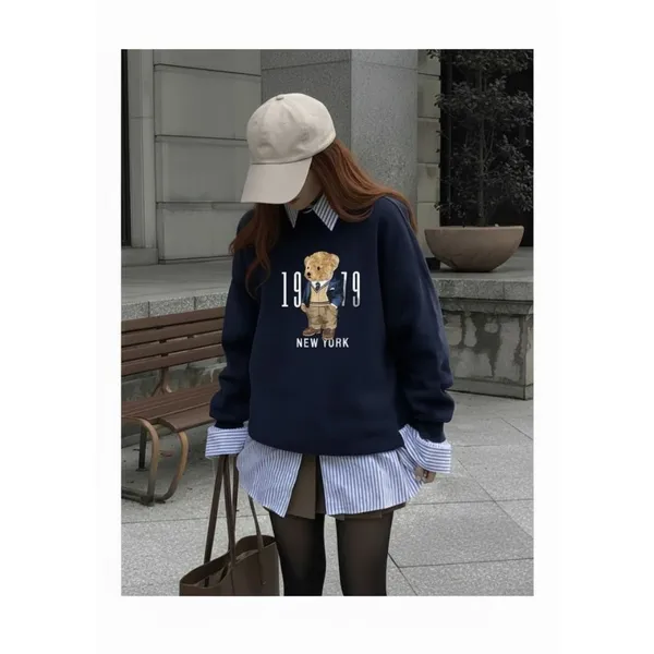 Moletom Feminino Algodão Flanelado Sem Capuz Urso Bear