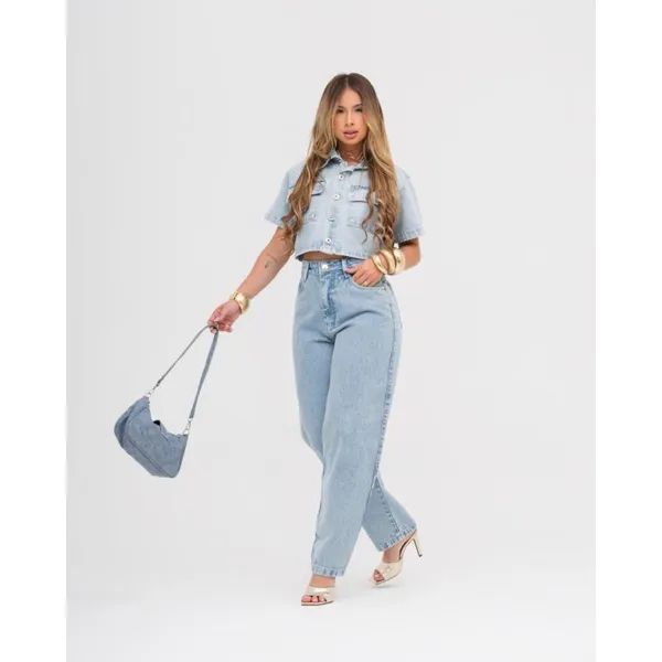 Conjunto Camisa Jeans Cropped Calça Feminina Jeans Barrel