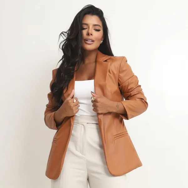 Blazer Feminino Em Couro Alongado Premium Com Botão Frontal Único Elegante  Moda Social Terninho