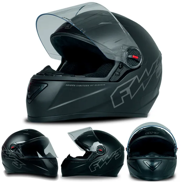 Capacete Fw3 Fechado Gt Classic Preto Fosco Pintado Com Viseira Cristal Diversos Tamanhos 56 58 60 Inmetro- Fw3