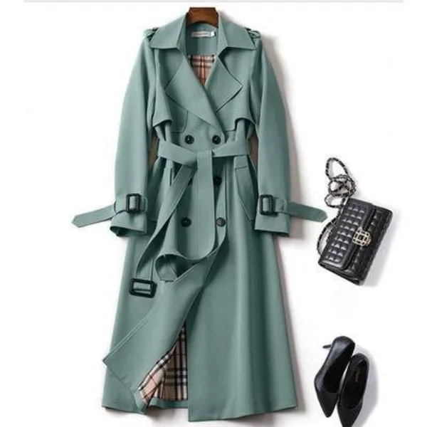 Mulheres trench coat Elegante Primavera Outono Manga Comprida turn down collar Longo Blusão Coreano Jaqueta Dupla breasted