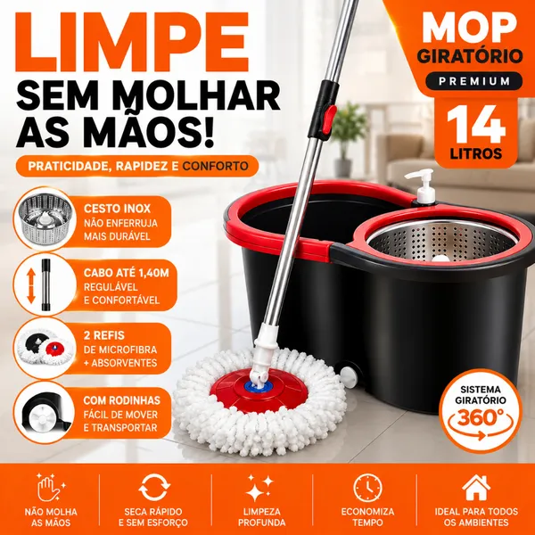 Mop Giratorio Com cabo de 140 cm Cesto Em Inox - Balde Centrífuga - C/2 Refil - Nybc