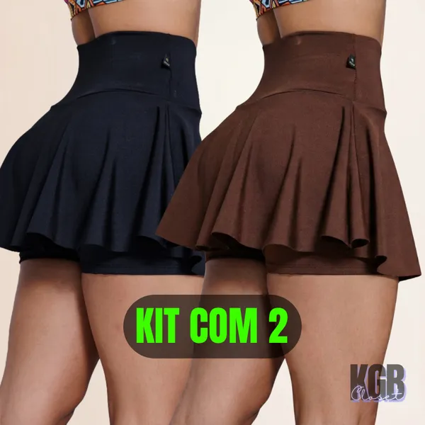 KIT Short Saia Academia Fitness Cintura Alta tapa Bumbum Bailarina Rodado Suplex Premium