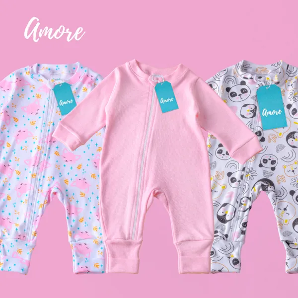 Kit 3 Macacão Amore Enxoval Bebê Amiguinhas Da Selva Menina 100% Algodão