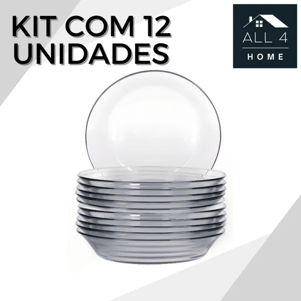 Kit Prato Fundo De Vidro Transparente Jogo 12 Prato Fundo Vidro Resistente