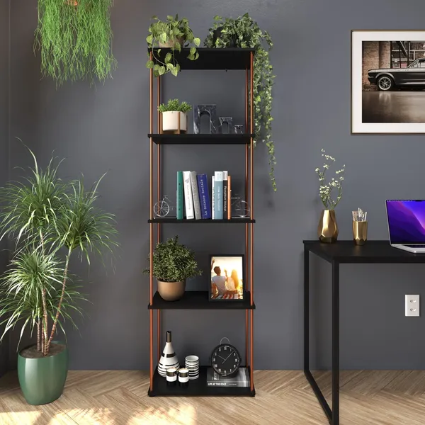 Estante Livreiro Estilo Industrial Adega Metal E Madeira Tubo e MDF 5 Prateleiras Super Moderna Estilo Nórdico Favorito