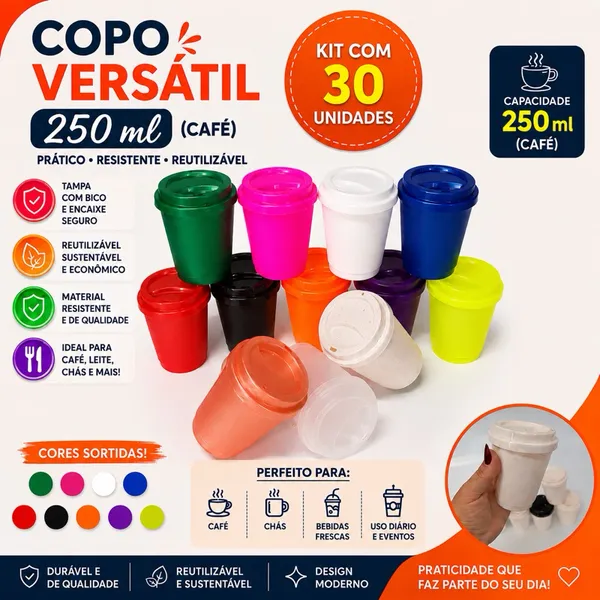 kit 30 unidades copo café com tampa 250ml (versátil flexível)