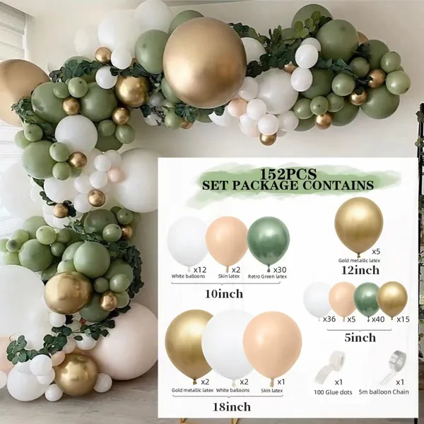 152 Peças Conjunto Balão de aniversário Coloridos Verde Rosa Bege Branco Dourado para decoração de Festas