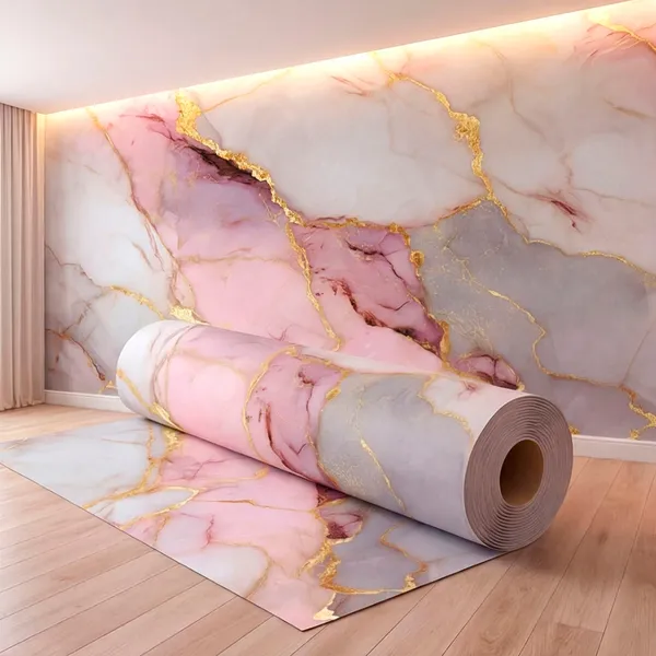 Papel de Parede Adesivo Mármore Rosa com Dourado para Quarto e Sala