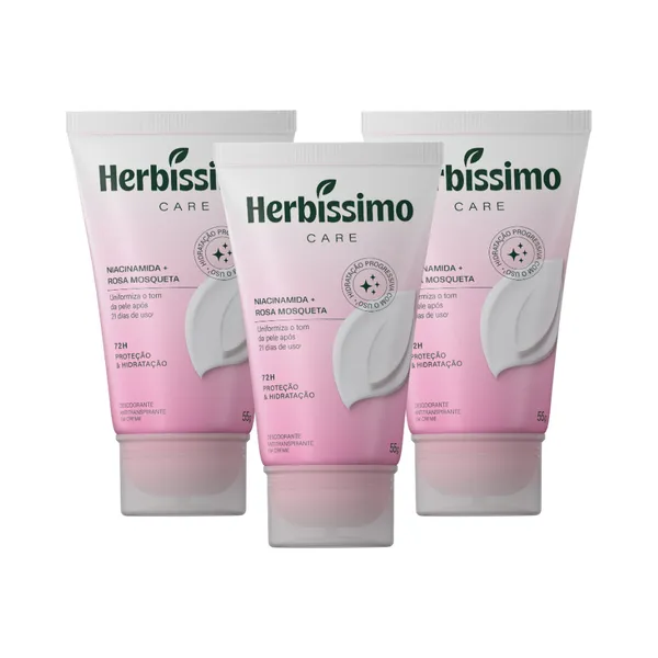 KIT CREME DESODORANTE ANTITRANSPIRANTE HERBÍSSIMO CARE ROSA MOSQUETA E NIACINAMIDA BISNAGA 55G (3 UNIDADES)